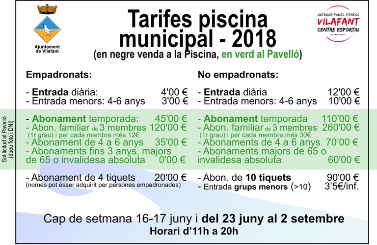 Tarífes de la piscina municpal 2018