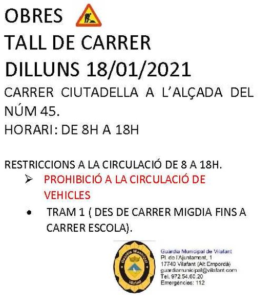 Atenció Carrer Ciutadella: es talla la ciurculació viària de 8h a 18h dilluns 18 de gener del 2021