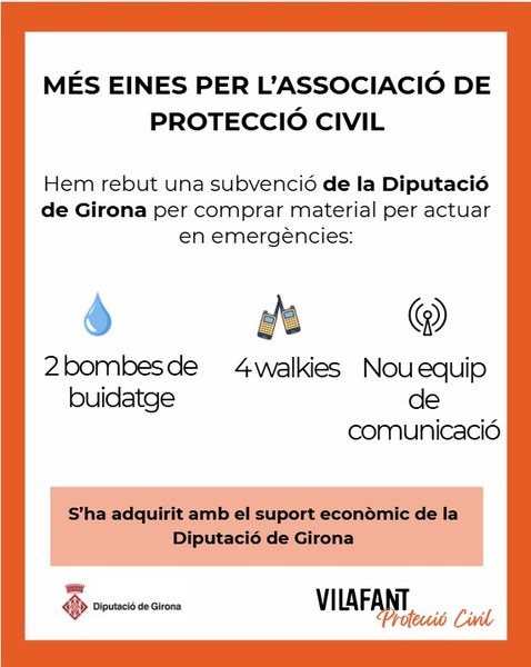 Hem rebut subvenció per a material i equipament essencial pels equips de Protecció Civil