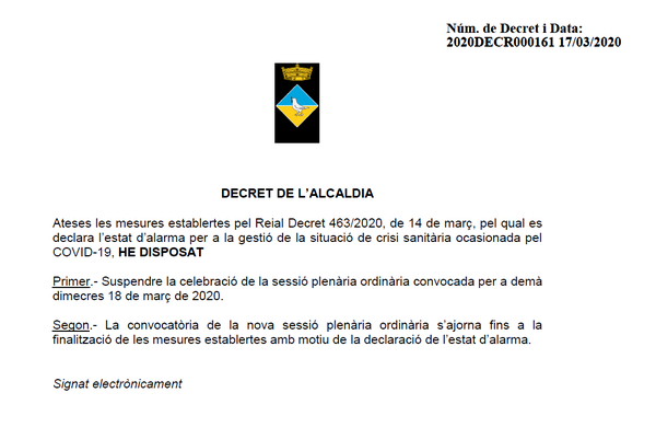 Postposat el ple del 18 de març fins a nou avís